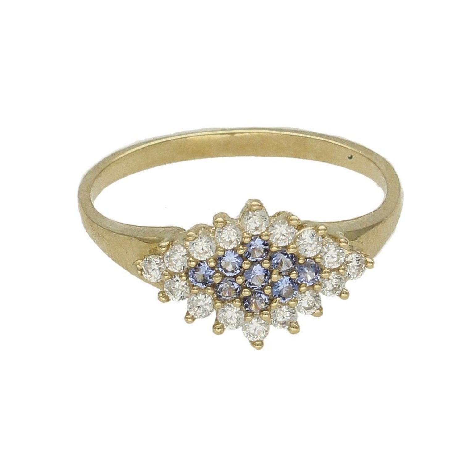 Złoty pierścionek 333 z tanzanitem i cyrkoniami bogato zdobiony PI 6047A.  Pierścionek został wykonany z najwyższej jakości złota próby 333. Waga pierścionka wynosi około 2,02 gram. Pierścionek został ozdobiony kamieniami nat (1).jpg